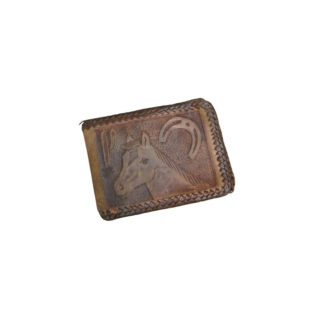 Vintage Hand Tooled Leather Western Horse Saddle Bifold Wallet Made in Mexico
